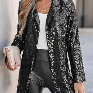 NEW Cupshe Black Starlight Sequin Collared Open Stretch Knit Jacket Sz MEDIUM